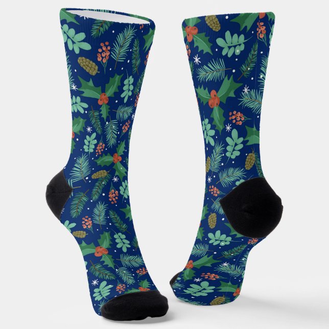 Christmas holly and pinecones seamless pattern 2 socks (Angled)