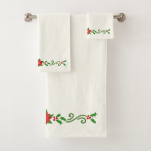 Christmas Holly and Poinsettias Bath Towel Set