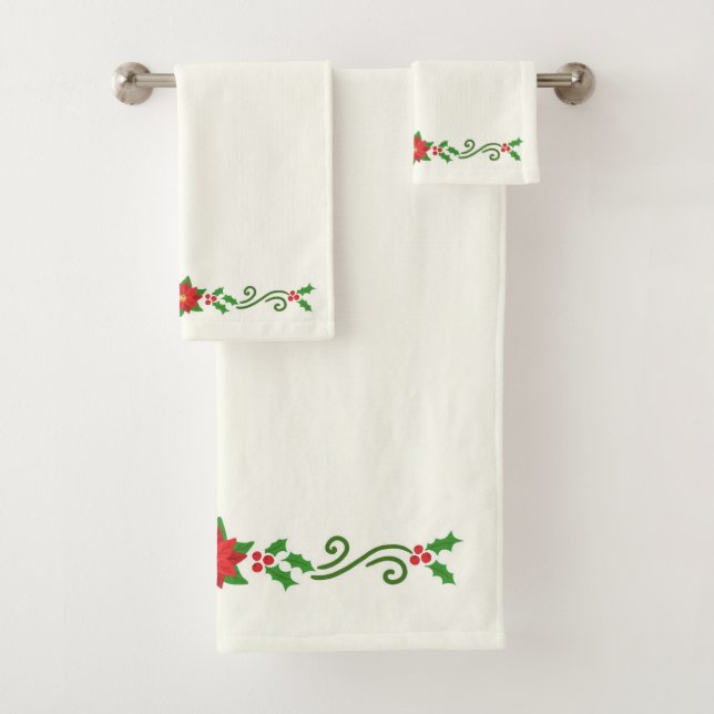 Christmas Holly and Poinsettias Bath Towel Set (Insitu)
