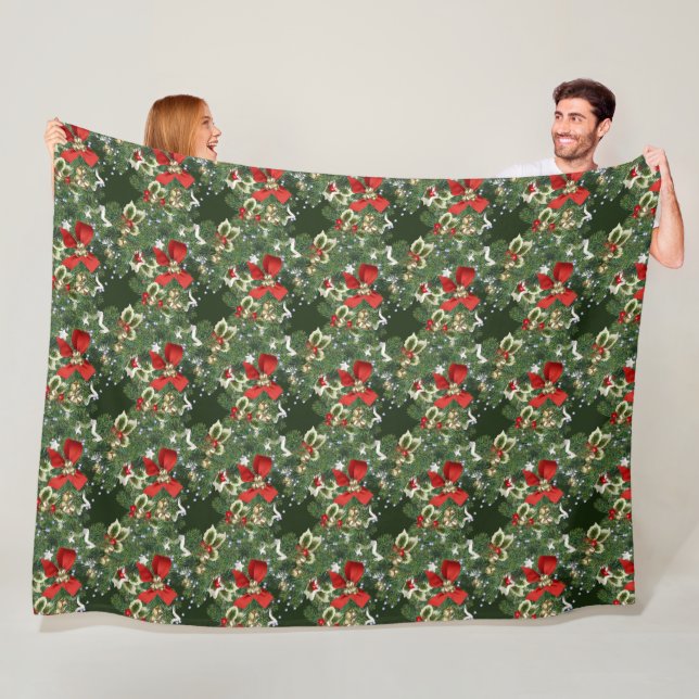Christmas Holly and Red Bows Fleece Blanket (In Situ)
