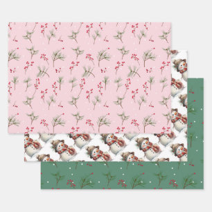 Christmas Holly and Snowman Wrapping Paper Sheet