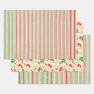 Christmas Holly and Stripes Wrapping Paper Sheet