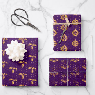 Christmas Holly, Baubles and Holly on Purple Wrapping Paper Sheet