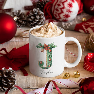 Christmas Holly & Bells Letter J Personalized Name Coffee Mug
