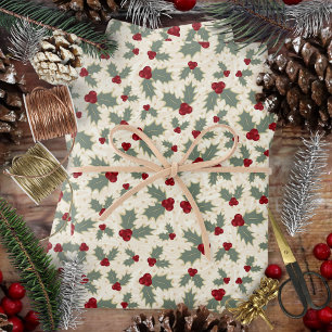 Christmas - Holly Berries and Leaves Wrapping Paper Sheet