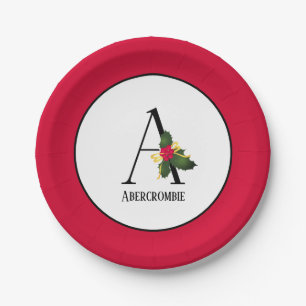 Christmas Holly Berries Elegant Monogram Initial A Paper Plate