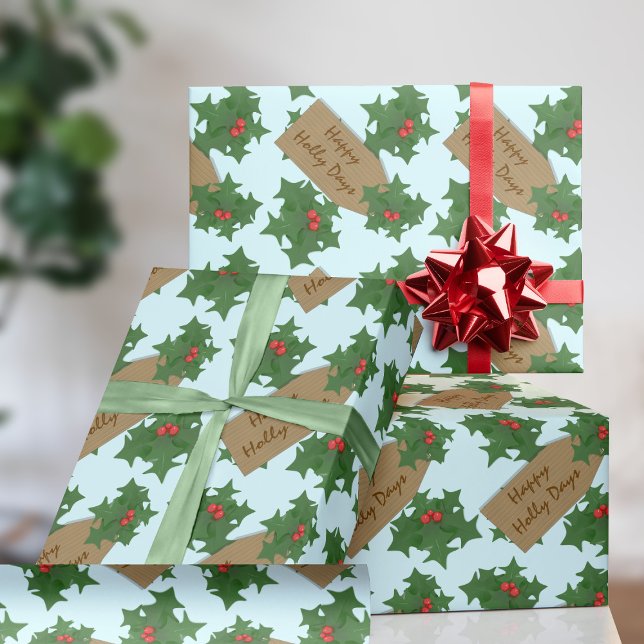 Christmas Holly Berries Holiday Wrapping Paper (Happy Holidays and happy holly days. You can change the text on this Christmas wrapping paper)
