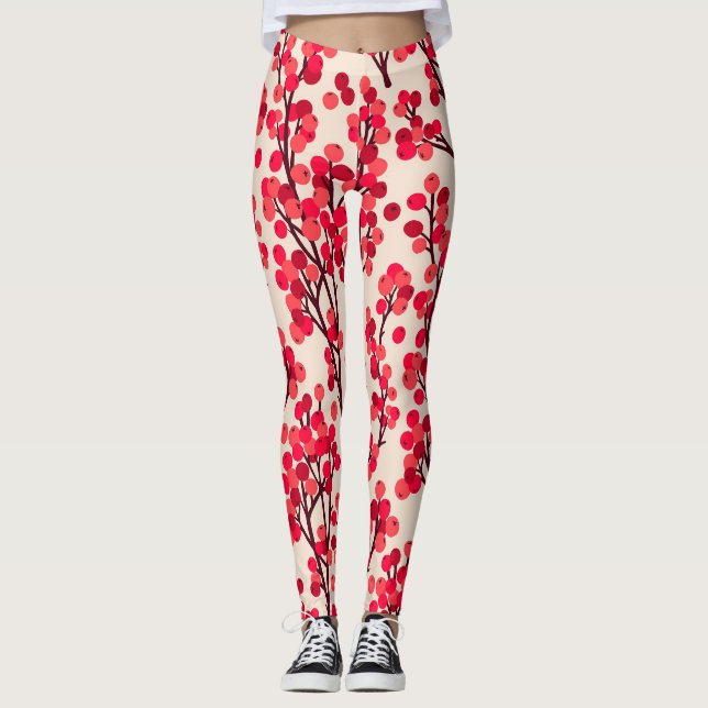 Christmas Holly Berries Seamless Pattern Leggings (Front)