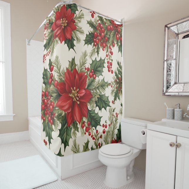 Christmas Holly & Berries Shower Curtain (In Situ)