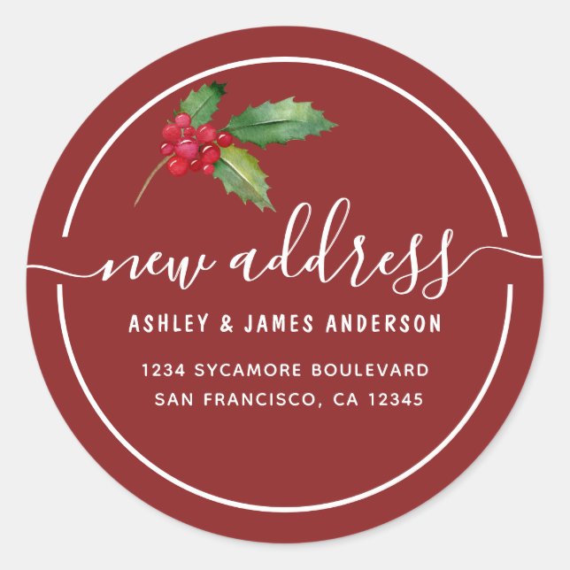 Christmas Holly Berries We've Moved New Address Classic Round Sticker (Front)