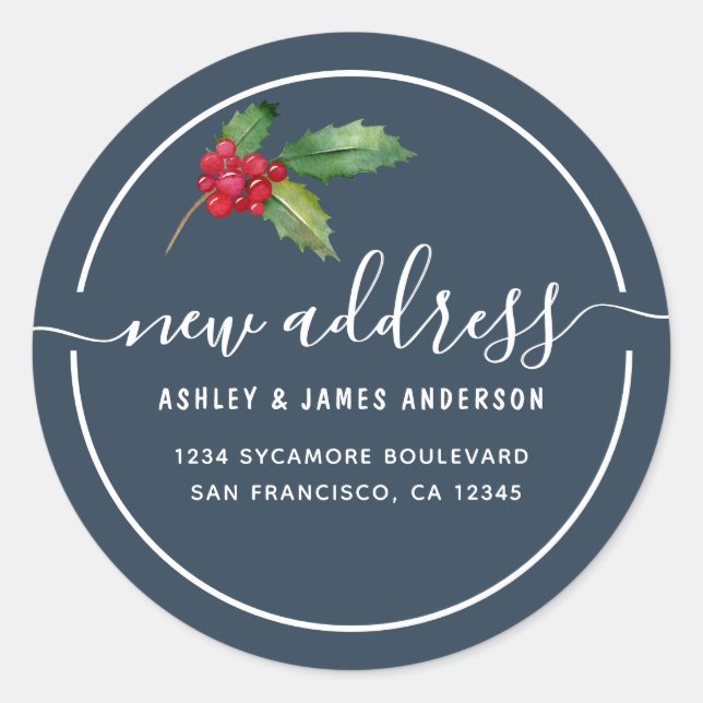Christmas Holly Berries We've Moved New Address Classic Round Sticker (Front)