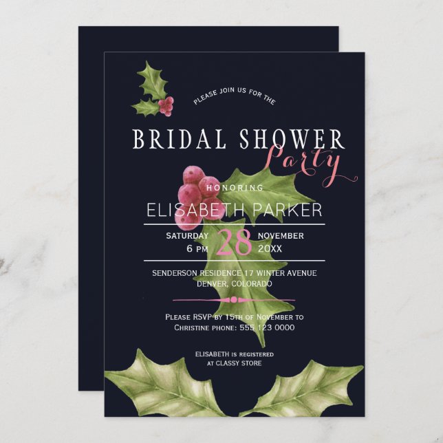 Christmas holly berries winter bridal shower party invitation (Front/Back)