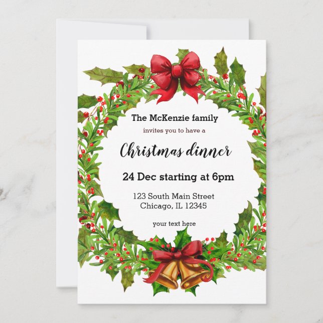 Christmas holly berries wreath invitation (Front)