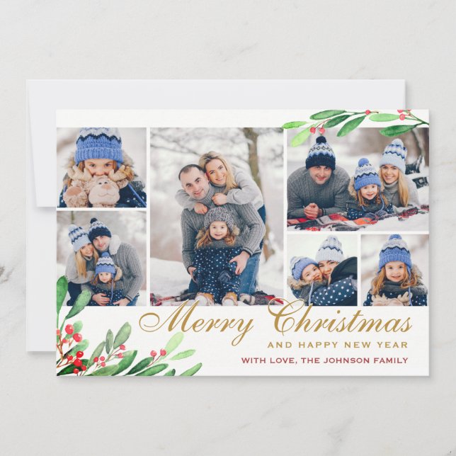 Christmas Holly Berry 6 PHOTO Collage Greeting Holiday Card (Front)