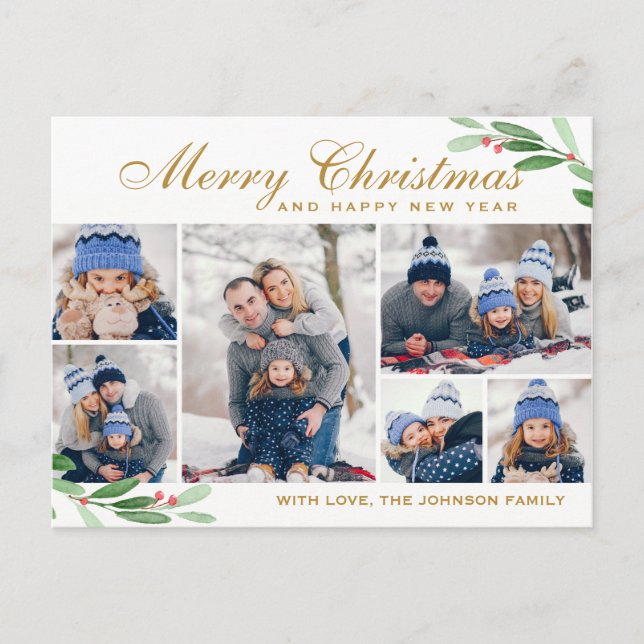 Christmas Holly Berry 6 PHOTO Collage Greeting Postcard (Front)