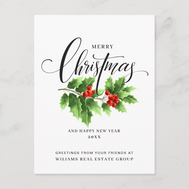 Christmas Holly Berry Branch Corporate Greeting Holiday Postcard (Front)