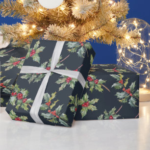 Christmas Holly Berry Branches with Leaves  Wrapping Paper