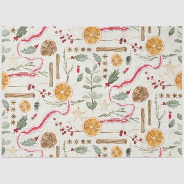 Christmas Holly Berry Cinnamon Orange Decoupage Tissue Paper (Front)