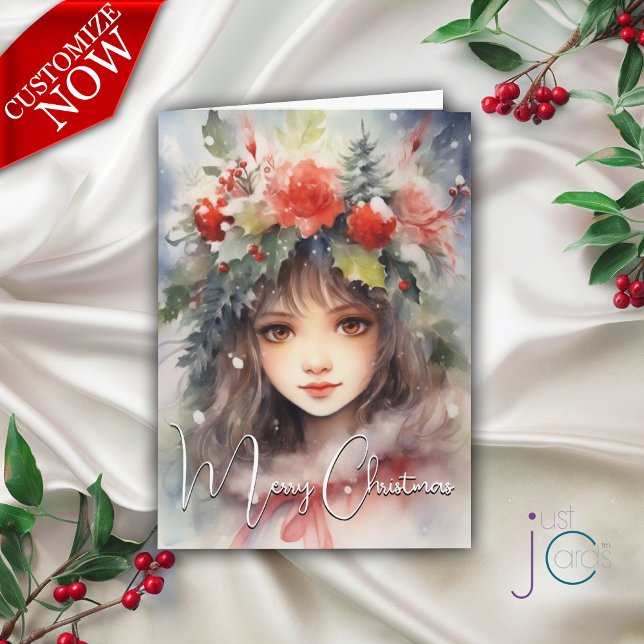 Christmas Holly Berry Fairy Holiday Card (Customizable text )