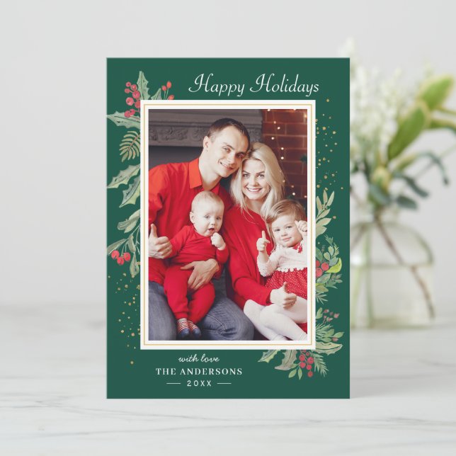 Christmas Holly Berry Floral Gold Confetti Photo Holiday Card (Standing Front)