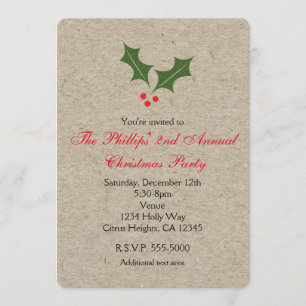 Christmas Holly Berry Kraft Holiday Invitations