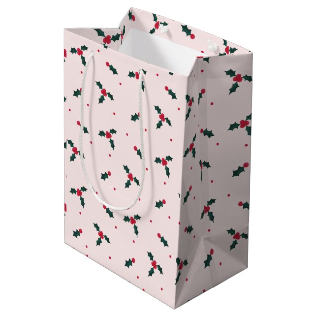 Christmas Holly Berry & Leaves Holiday Medium Gift Bag (Back Angled)