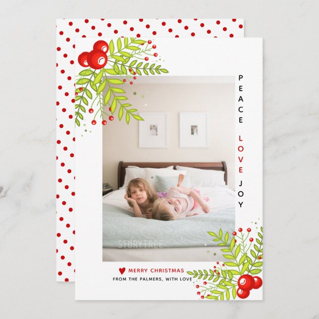 Christmas holly berry Peace Love Joy photo Holiday (Front/Back)