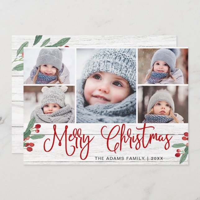 Christmas Holly Berry Rustic 5 PHOTO Greeting Card (Front/Back)