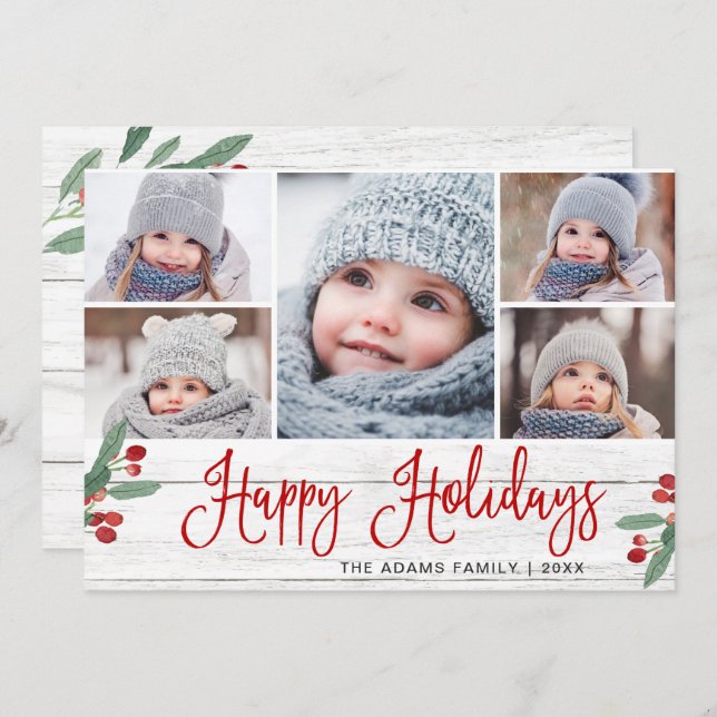 Christmas Holly Berry Rustic 5 PHOTO Greeting Holiday Card (Front/Back)