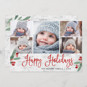 Christmas Holly Berry Rustic Birch 5 PHOTO Holiday Card