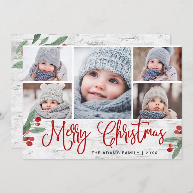Christmas Holly Berry Rustic Birch 5 PHOTO Holiday Card (Front/Back)
