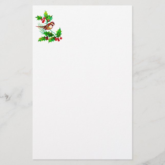 Christmas Holly & Bird II Stationery (Front)
