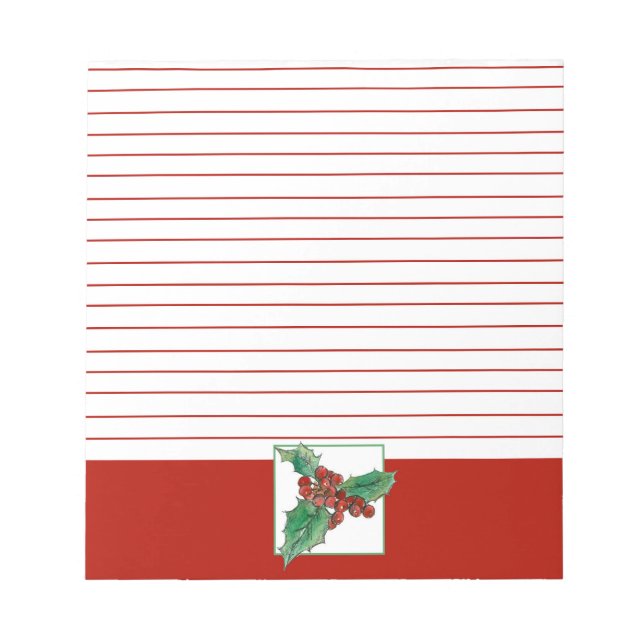 Christmas Holly Botanical Art Red Lined Notepad (Front)