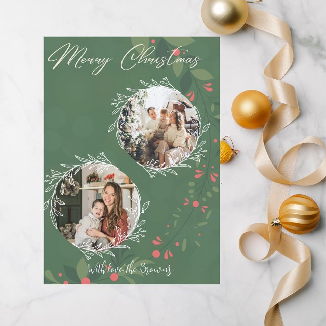 Christmas Holly Botanical Greenery 2 Photo Navy  Holiday Card (Creator Uploaded)