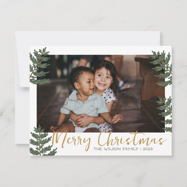 Christmas Holly Botanical Greenery Family Photo  Holiday Card (Front)