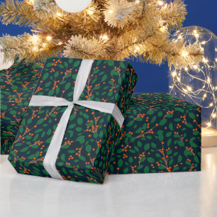 Christmas Holly Botanical Greenery Navy Wrapping Paper