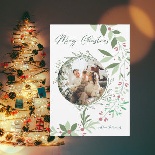 Christmas Holly Botanical Greenery Photo Navy  Invitation