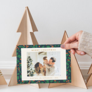 Christmas Holly Botanical Greenery Two Photo Navy Holiday Card