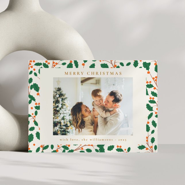 Christmas Holly Botanical Greenery Two Photo Retro Holiday Card (Creator Uploaded)