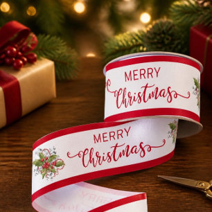 Christmas Holly Branch 3" Wide Ribbon Grosgrain Ribbon