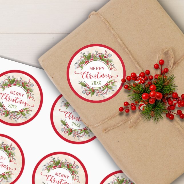 Christmas Holly Branch Classic Round Sticker (Creator Uploaded)