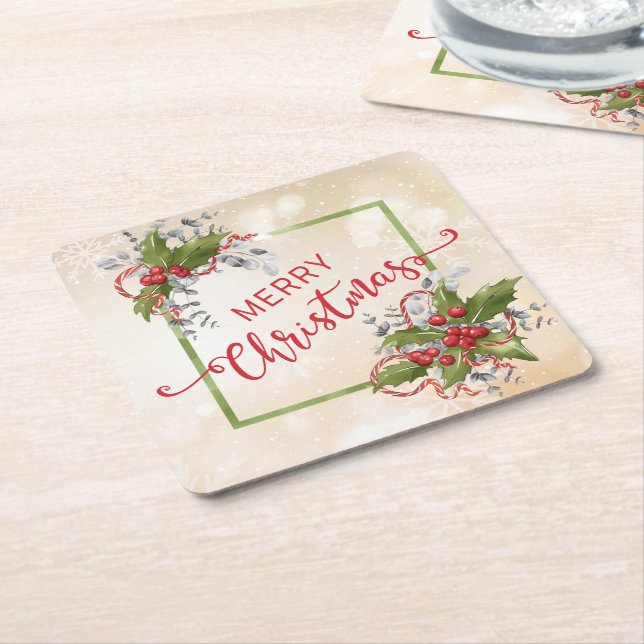 Christmas Holly Branch Square Paper Coaster (Angled)