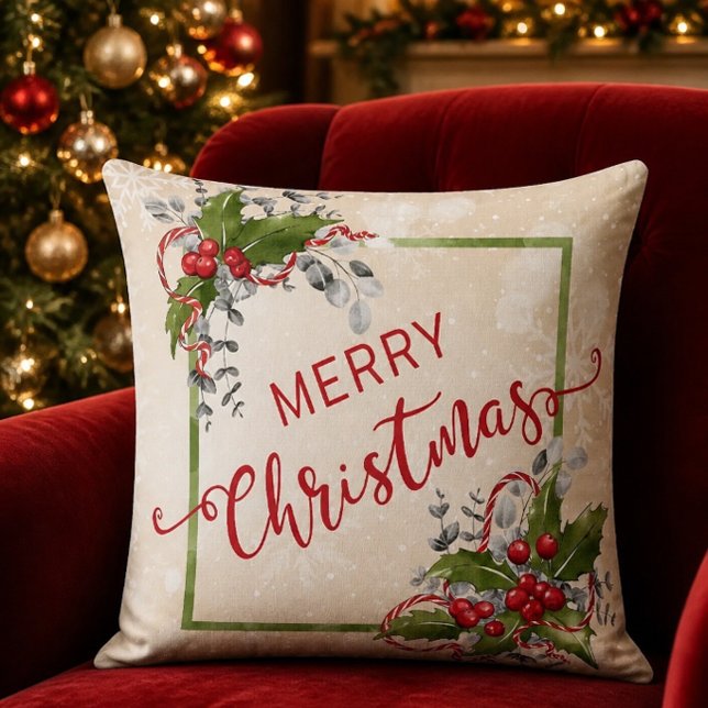 Christmas Holly Branch Throw Pillow (Creator Uploaded)