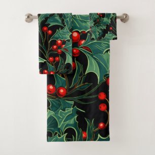 Christmas Holly Branches and Berries Bath Towel Set