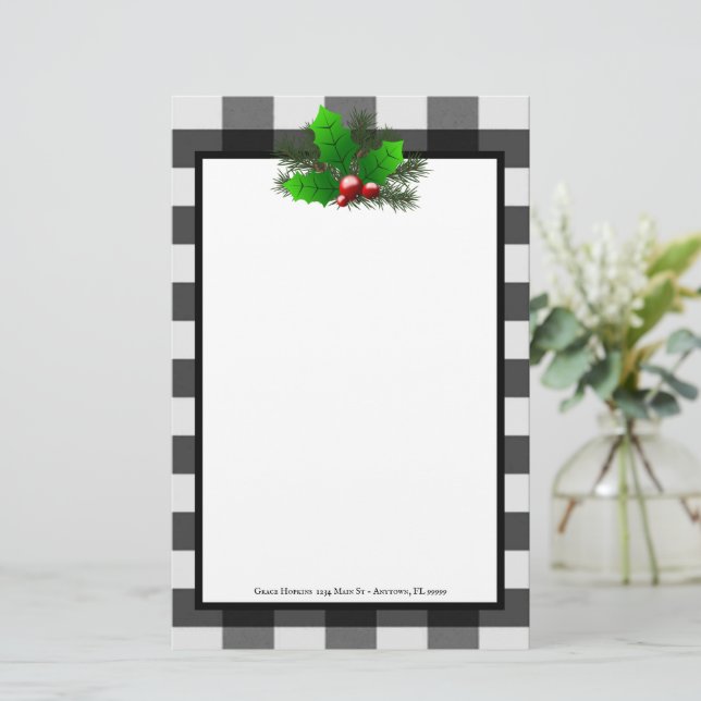 Christmas Holly Buffalo Plaid Personalised Paper (Standing Front)