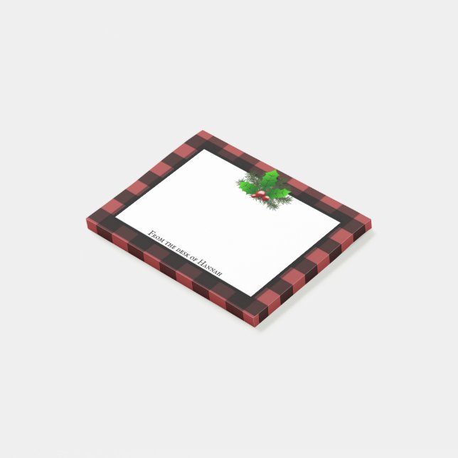Christmas Holly Buffalo Plaid Personalised Post-it Notes (Angled)