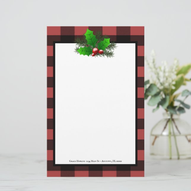 Christmas Holly Buffalo Plaid Personalised Stationery (Standing Front)