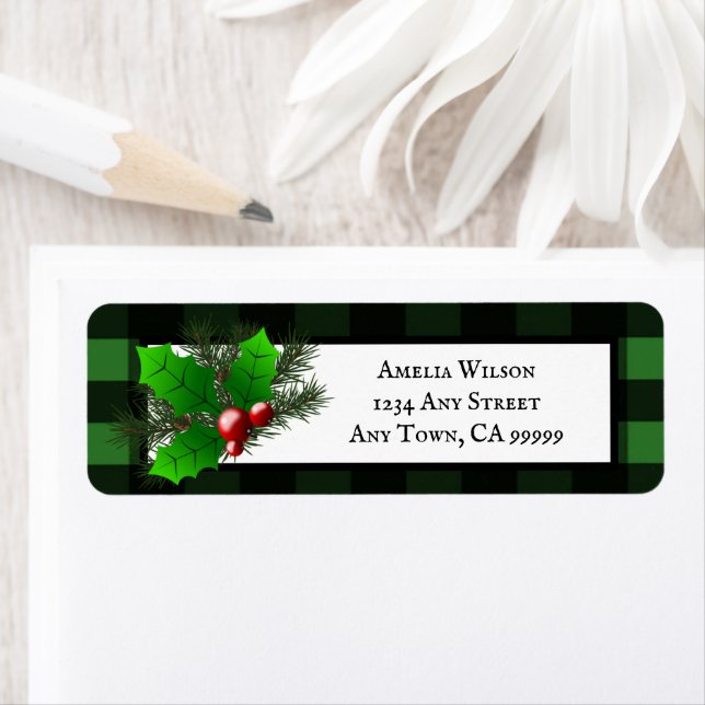 Christmas Holly Buffalo Plaid Return Address Label (Insitu)