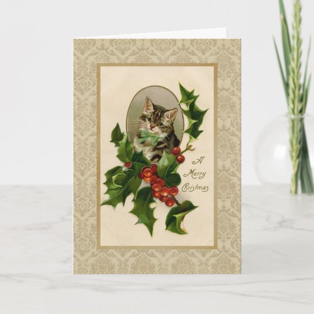 Christmas Holly Cat Vintage Reproduction Card (Front)