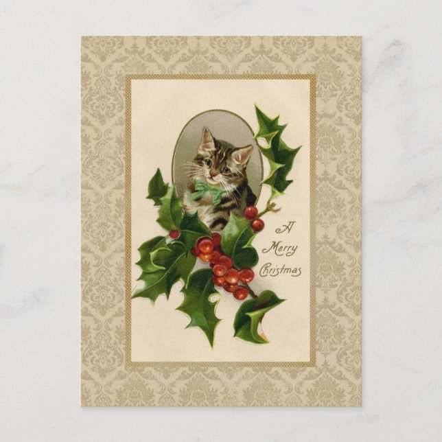 Christmas Holly Cat Vintage Reproduction Postcard (Front)